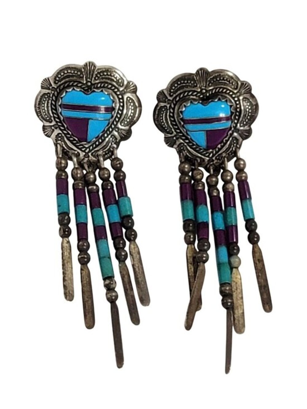 Sterling Silver Heart Earrings Turquoise Purple Beaded Dangles Vintage Design